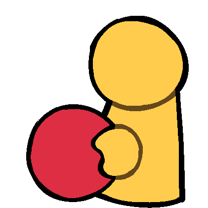 an emoji-yellow figure holding a red ball.
